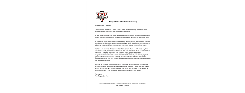An Open Letter to our AYSO Region 116 Families...
